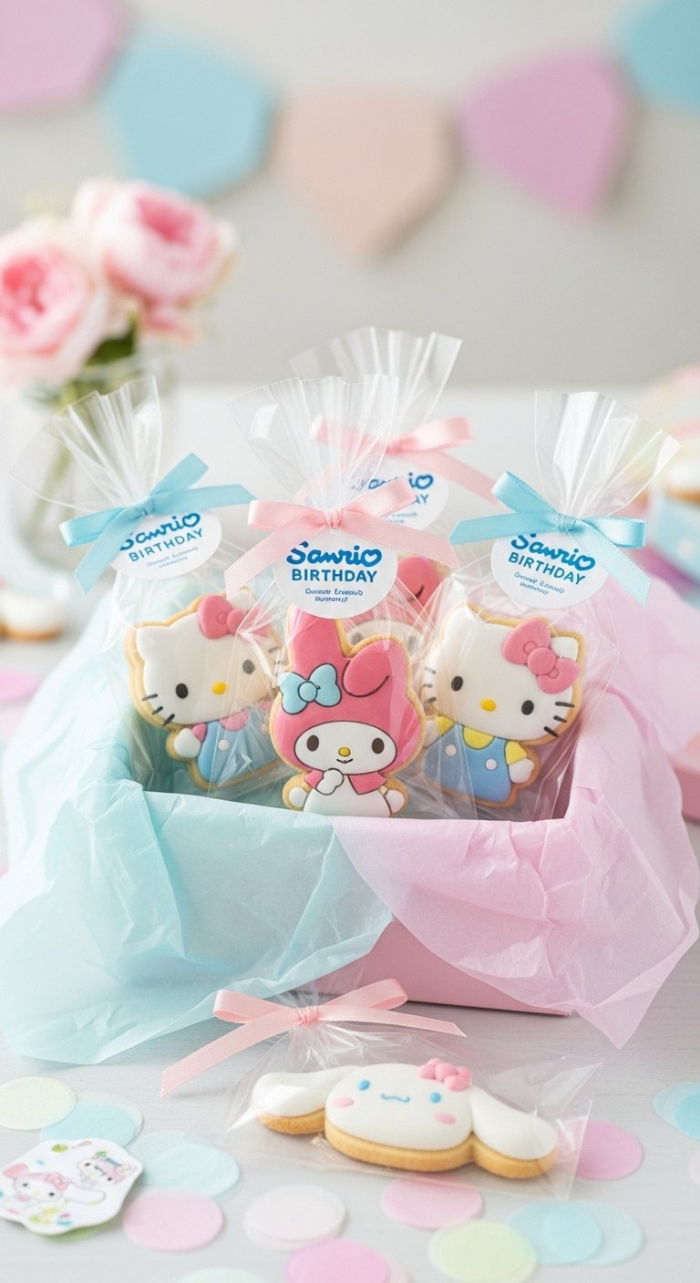 Individually Wrapped Sanrio Character Cookies In Cellophane Bags With Pastel Ribbons In A Gift Box.