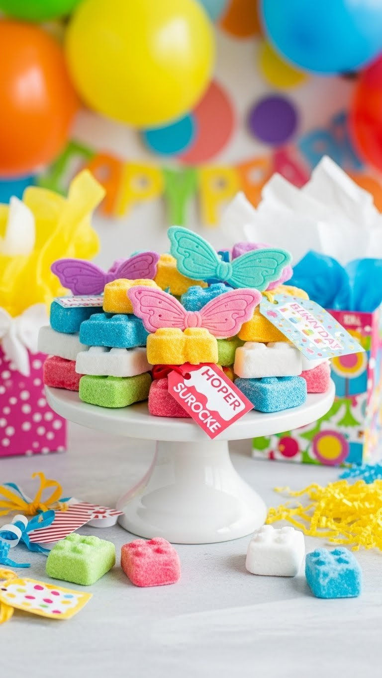 Individually Wrapped Themed Treasure Rocks Arranged As Party Favors With Unwrapped Fizzing Rocks Nearby