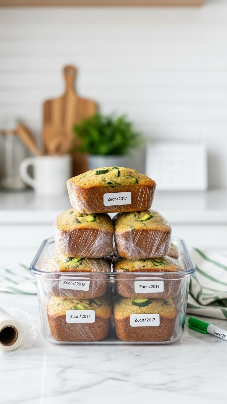 Individually Wrapped Zucchini Bread Mini Loaves Neatly Stacked In Freezer-Safe Container For Storage