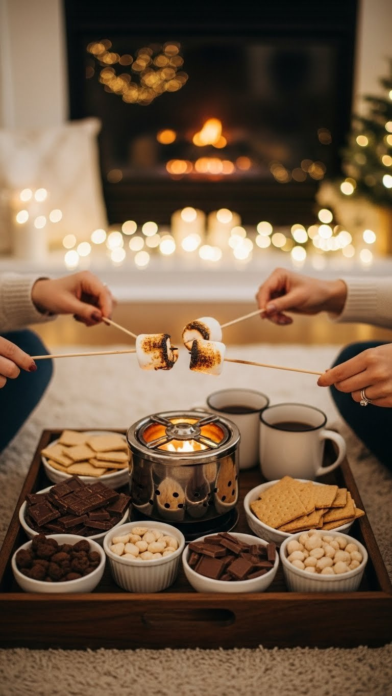 Indoor Diy S'mores Bar Setup With Roasted Marshmallows, Graham Crackers, And Chocolate On Rustic Wooden Tray