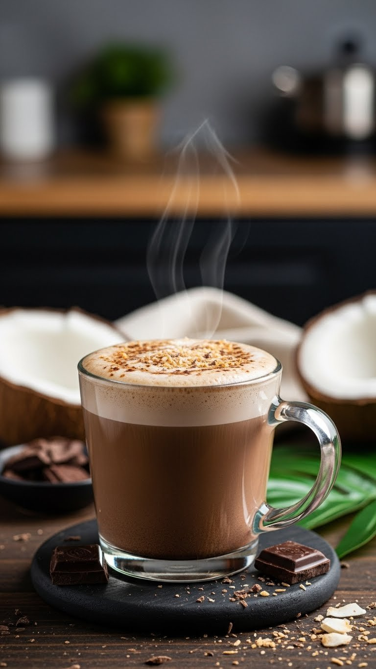 Indulgent Coconut Mocha Latte With Toasted Coconut Flakes In Glass Mug On Dark Wooden Surface