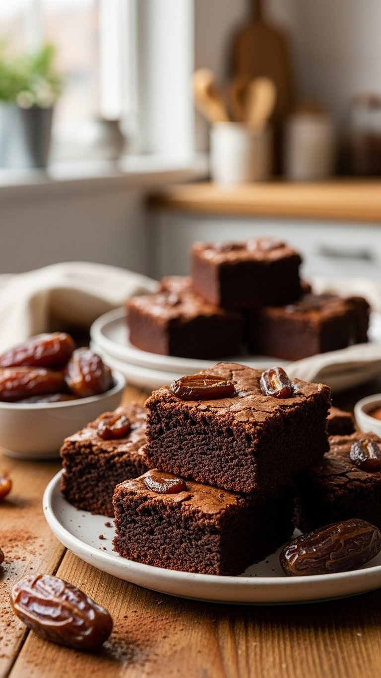 Indulgent Date-Sweetened Cocoa Brownies With Chopped Dates On Simple Ceramic Plate