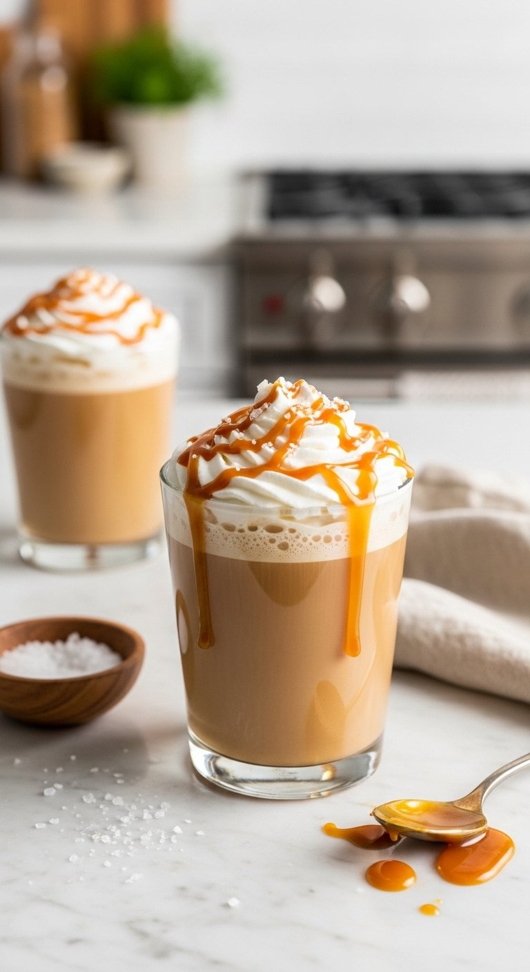 Indulgent Salted Caramel Latte With Whipped Cream And Sea Salt Flakes On Marble.