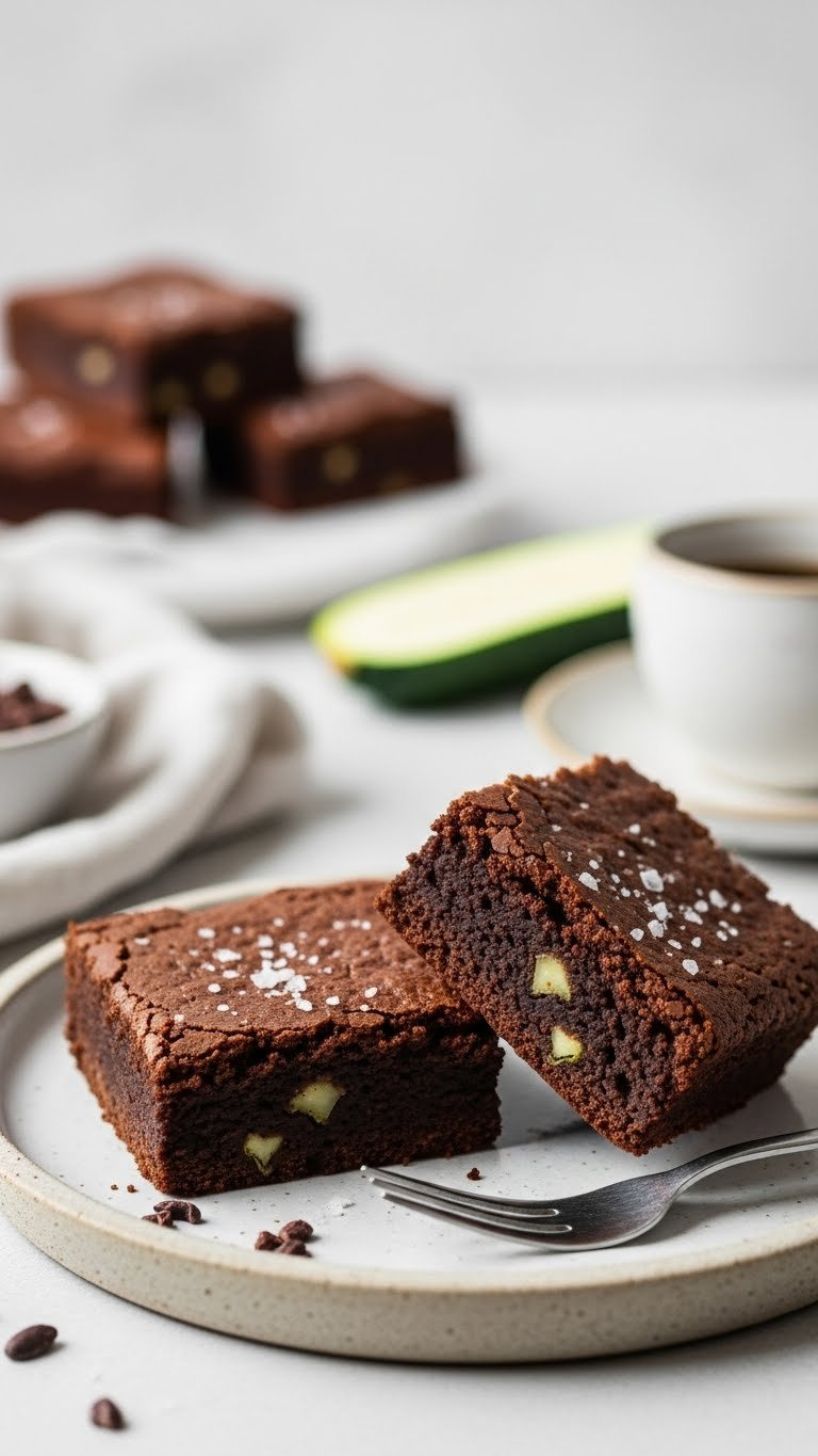 Indulgent Vegan Zucchini Brownies With Sea Salt Flecks On Rustic Ceramic Plate Showing Moist Chocolate Interior