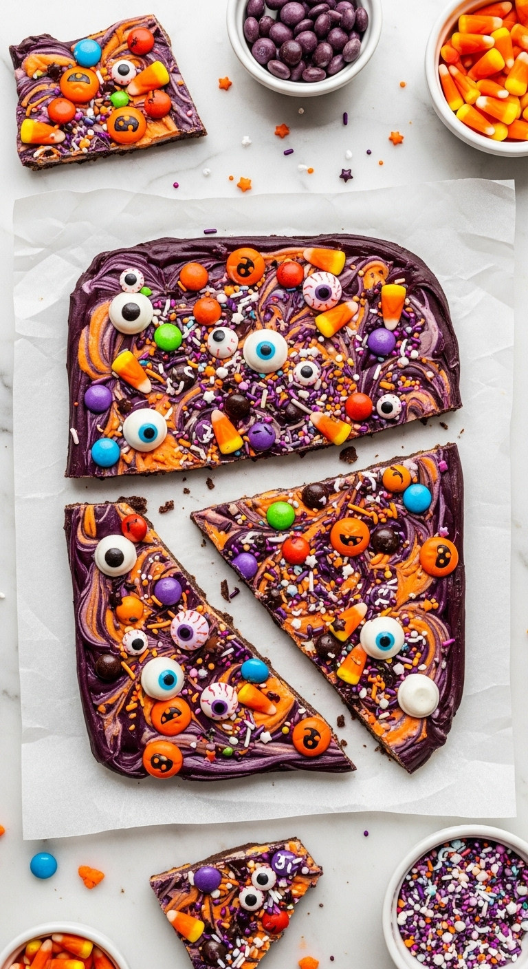Infinitely Customizable Spooky Halloween Bark With Swirled Chocolate Candy Corn And Candy Eyeballs On Parchment Paper