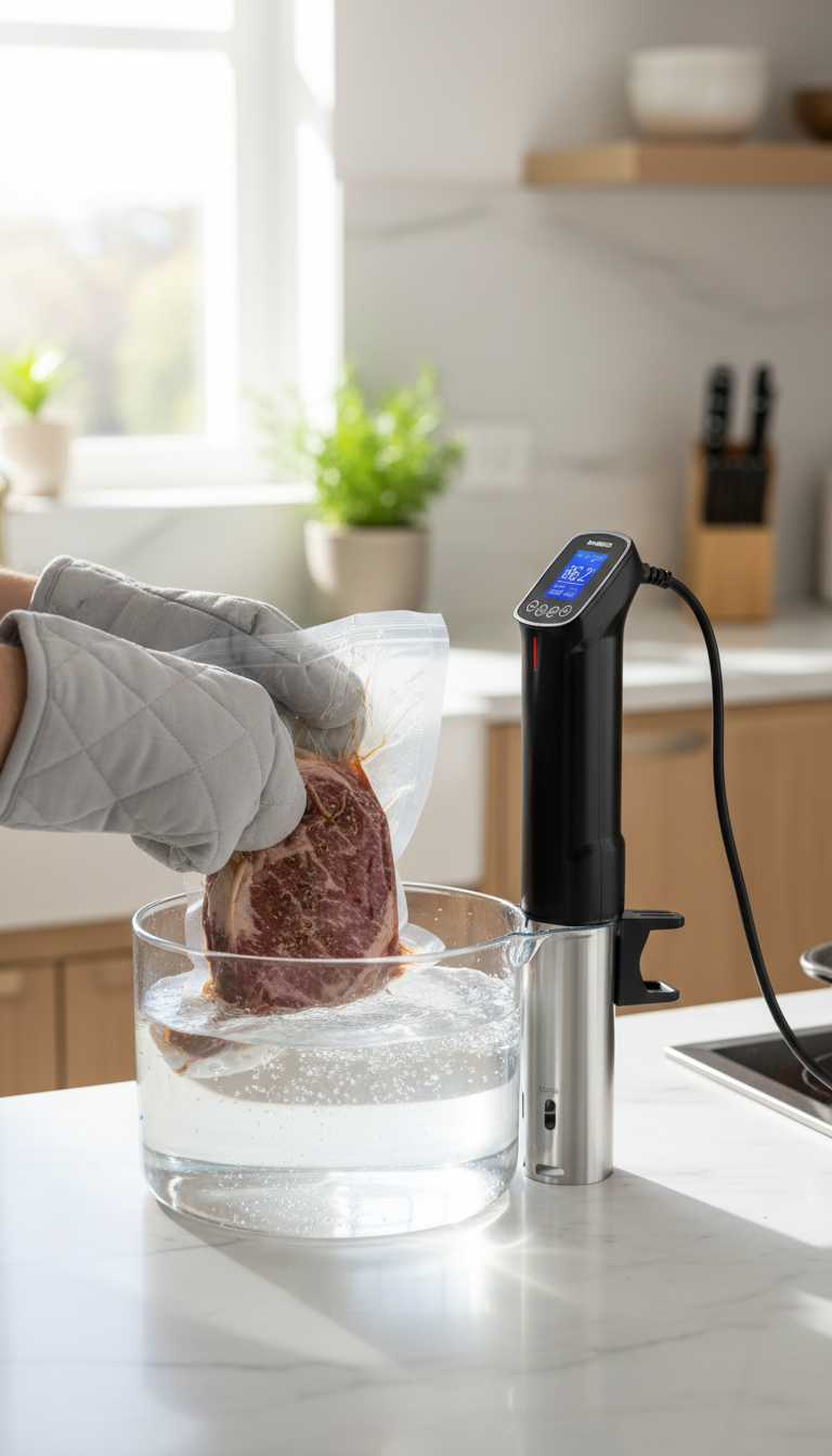 An Inkbird Isv-100W Clamped To A Clear Sous Vide Container With A Digital Thermometer Probe In The Water For Accuracy Testing.