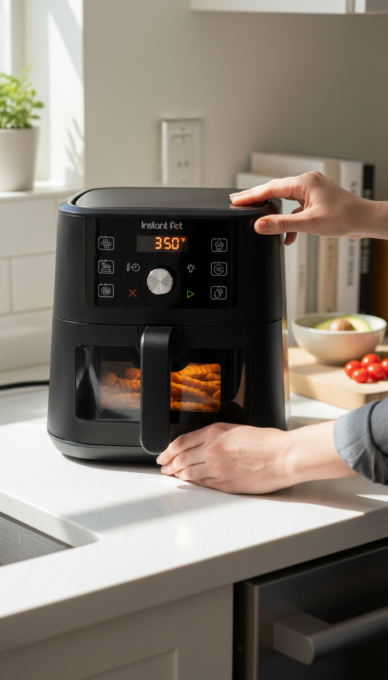 A Photo Of The Instant Pot Vortex On A Kitchen Counter Next To A Plate Of Crispy Food, With A Notepad Showing Testing Notes.