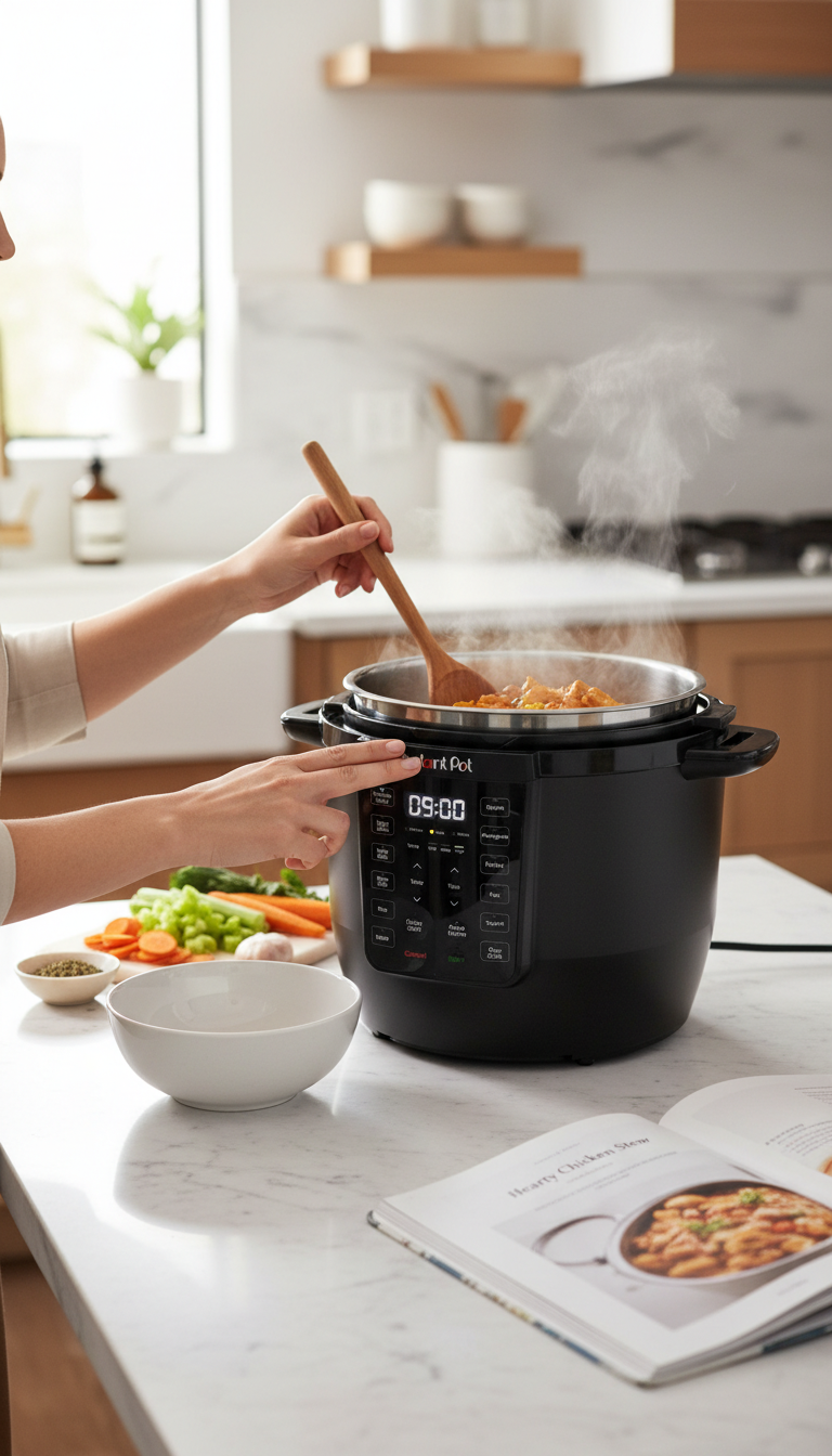An Instant Pot Rio On A Kitchen Counter Next To Ingredients Like Onions, Carrots, And Beef, With A Notepad And Pen Nearby To Show Performance Logging.