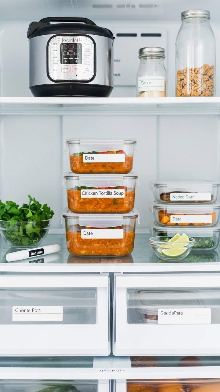 Instant Pot Chicken Tortilla Soup In Clear Meal Prep Containers, Neatly Stacked In A Refrigerator For Convenient Healthy Meals.