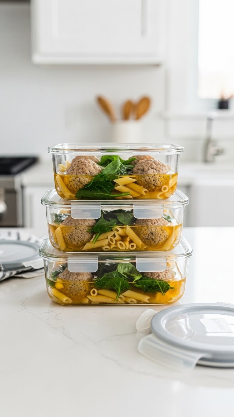 Instant Pot Italian Wedding Soup With Meatballs, Pasta, And Spinach Is Neatly Stored In Clear Glass Meal Prep Containers.