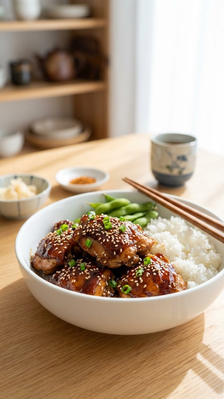 Instant Pot Japanese Teriyaki Chicken, Succulent With Glossy Dark Glaze, Sesame Seeds, Green Onions, Rice, And Edamame.