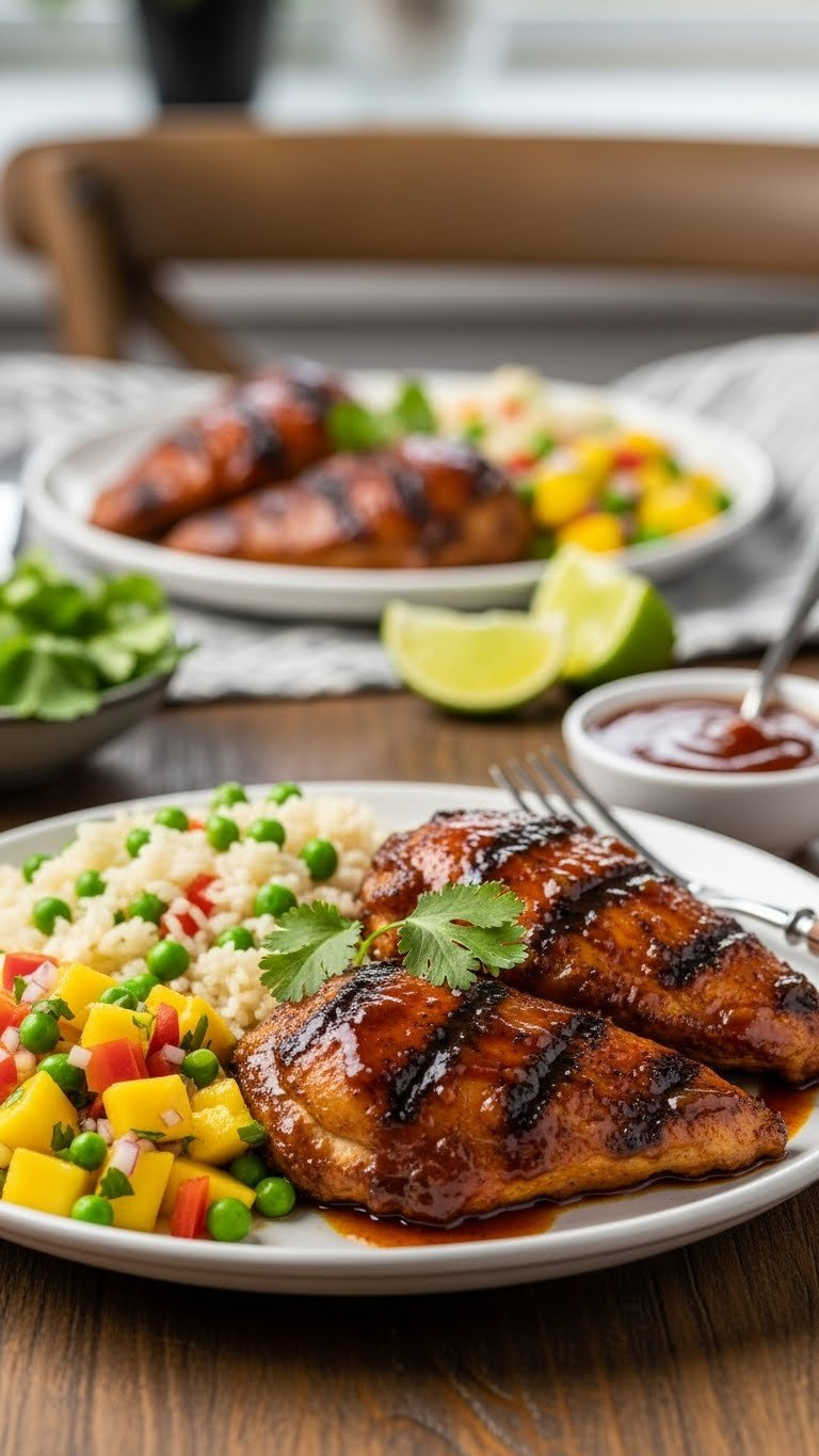 Instant Pot Jerk Chicken, Rice And Peas, And Mango Salsa Beautifully Plated On A Rustic Table.