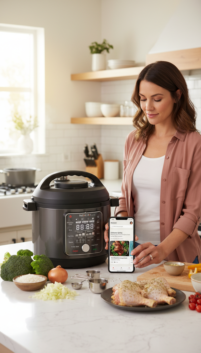 An Instant Pot Pro Plus Wi-Fi On A Kitchen Counter, With A Smartphone Next To It Displaying The Instant Connect App.