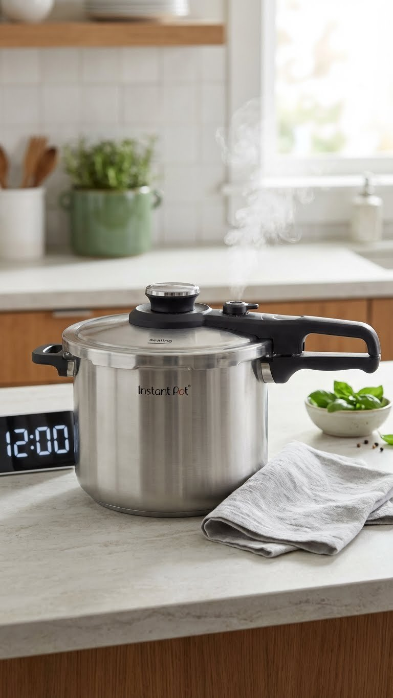 Instant Pot Actively Pressure Cooking With A Gentle Wisp Of Steam Escaping, Indicating The Efficient Process Of Making A Delicious Meal.