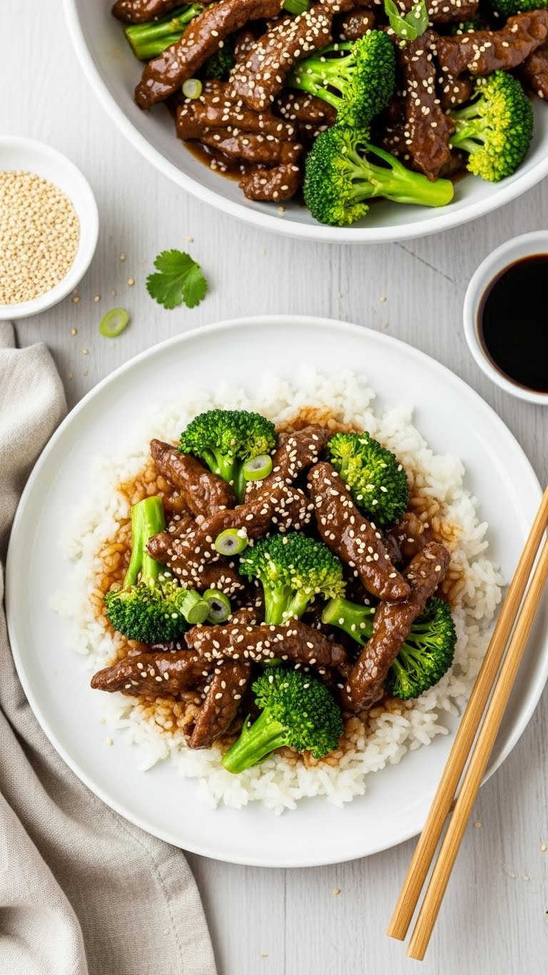 Instant Pot Beef And Broccoli Over Fluffy Rice, With Sesame Seeds And Chopsticks On A White Plate.