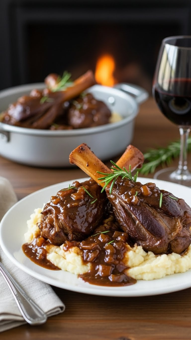 Instant Pot Braised Venison Shanks, Tender, With Rich Gravy Over Mashed Potatoes And Rosemary.