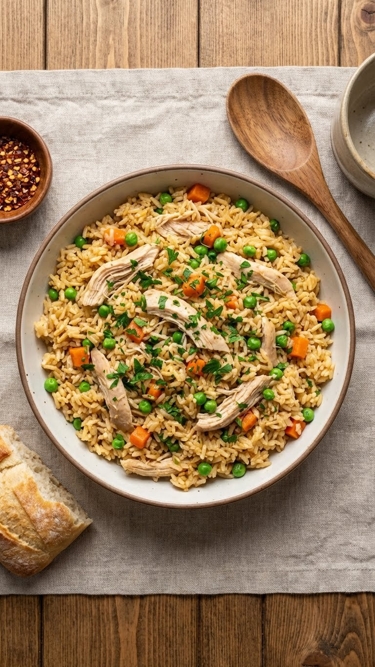 Instant Pot Chicken And Rice, Featuring Tender Chicken, Fluffy Grains, Vibrant Peas, And Fresh Herbs On A Rustic Wooden Table.