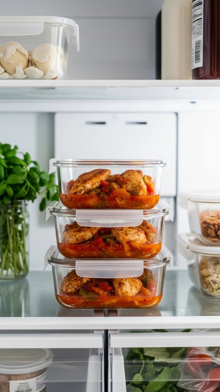 Instant Pot Chicken Cacciatore In Clear Meal Prep Containers, Organized Inside A Bright Refrigerator.