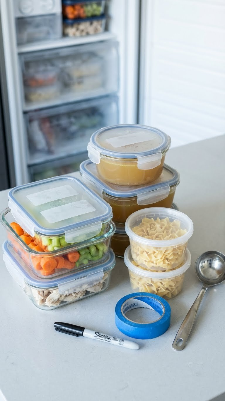 Instant Pot Chicken Noodle Soup With Chicken And Vegetables Portioned Into Clear Freezer-Safe Containers For Meal Prep.
