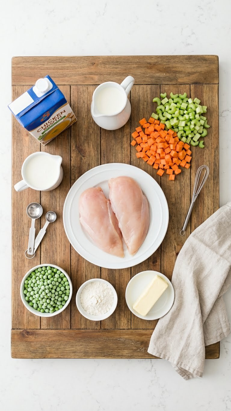 Instant Pot Chicken Pot Pie Ingredients Flat Lay With Raw Chicken, Carrots, Celery, Peas, Flour, And Butter On A Rustic Kitchen Table.