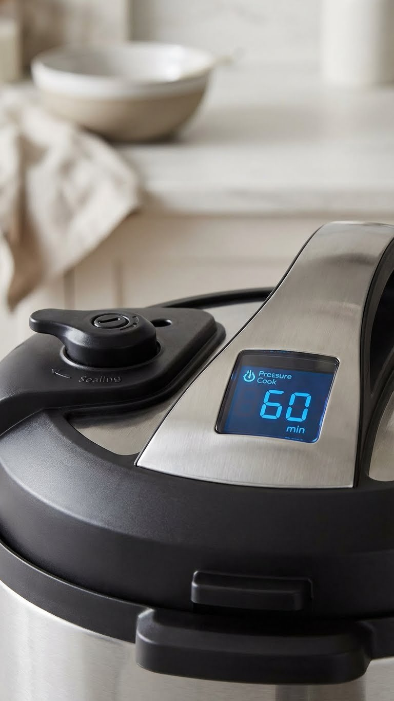 Instant Pot Control Panel Displaying &Quot;60 Min&Quot; Pressure Cook Settings With The Steam Release Valve In Pressure Position.