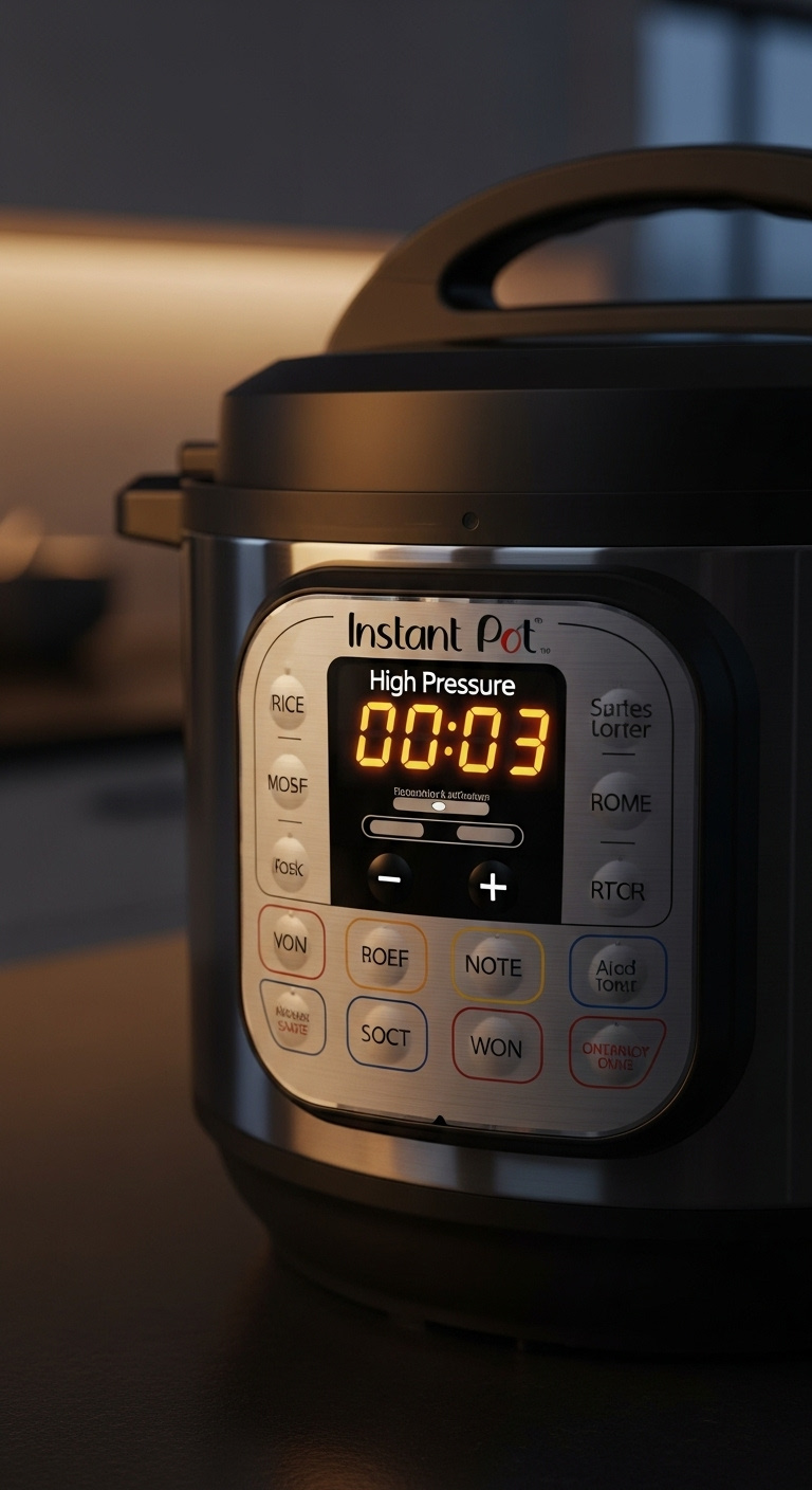 Instant Pot Digital Display Showing High Pressure And Timer Set To 00:03 On A Dark Countertop