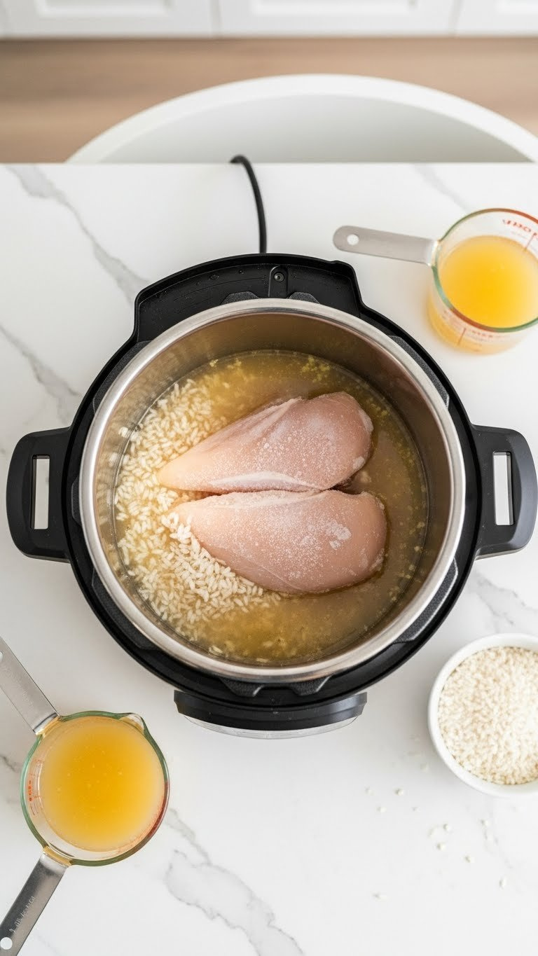 Instant Pot Dump Meal Preparation With Frozen Chicken Breasts Layered Over Rice And Broth