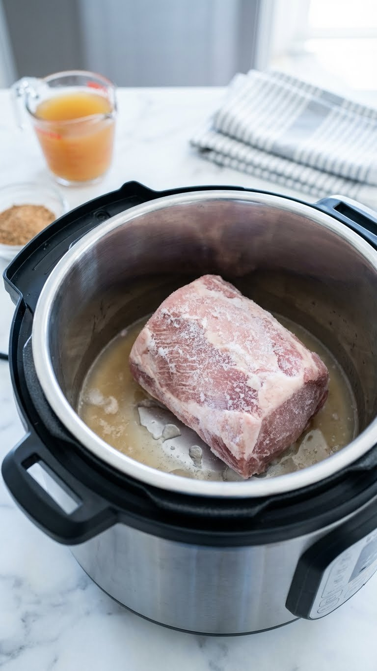 Instant Pot Frozen Pork Roast Ready For Cooking, With Broth And Dry Rub Spices On A Bright, Clean Kitchen Countertop.