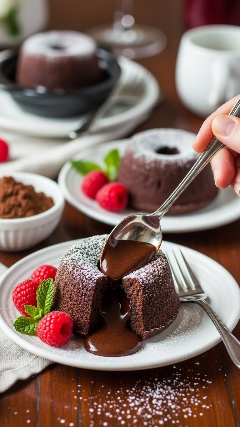 Instant Pot Gluten-Free Chocolate Lava Cakes With Molten Centers, Powdered Sugar, And Raspberries On White Plates.