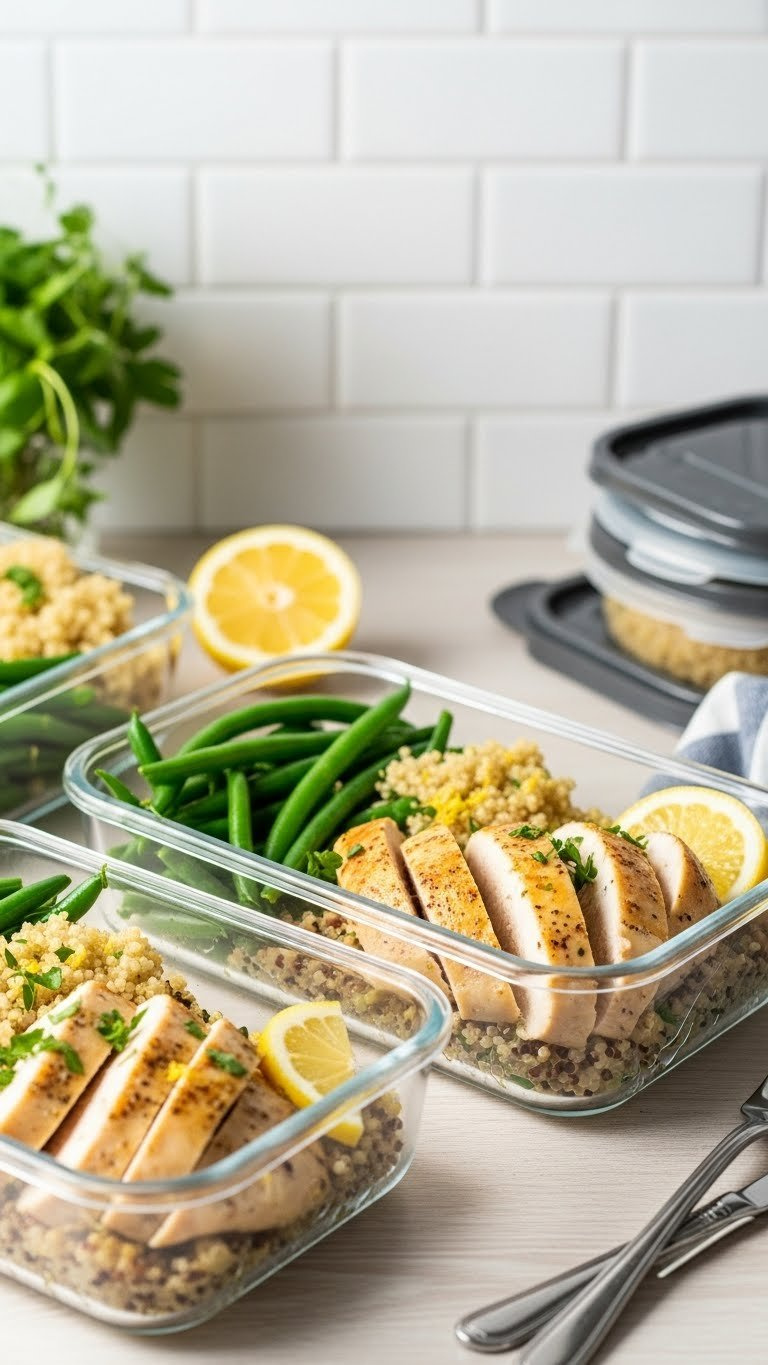 Instant Pot Lemon Herb Chicken Breast Slices With Green Beans And Quinoa In Meal Prep Containers On A Wooden Counter, Evoking Healthy Eating.