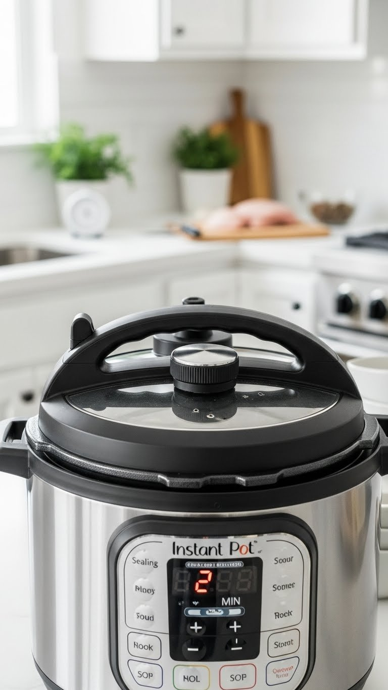 Instant Pot Lid Sealed With Steam Release Handle In 'Sealing' Position And '12 Min' Countdown For Efficient Pressure Cooking.