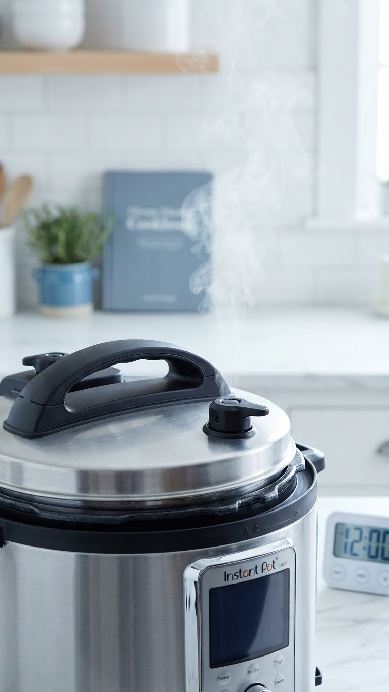 Instant Pot Lid Securely Sealed During Pressure Cooking, With A Gentle Wisp Of Steam Escaping The Release Valve, On A Marble Counter.