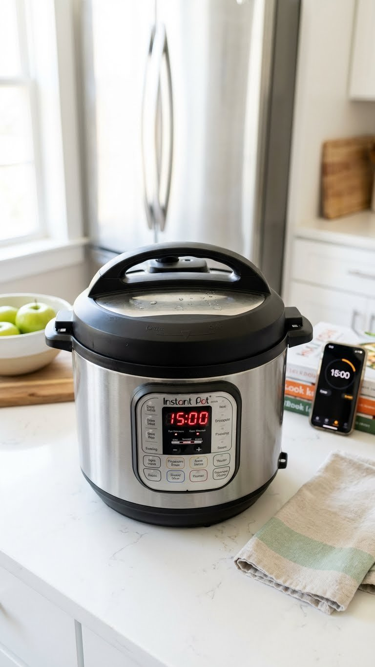Instant Pot Lid Securely Sealed With Steam Release Set And A Cooking Countdown Visible, Ready For Pressure Cooking.