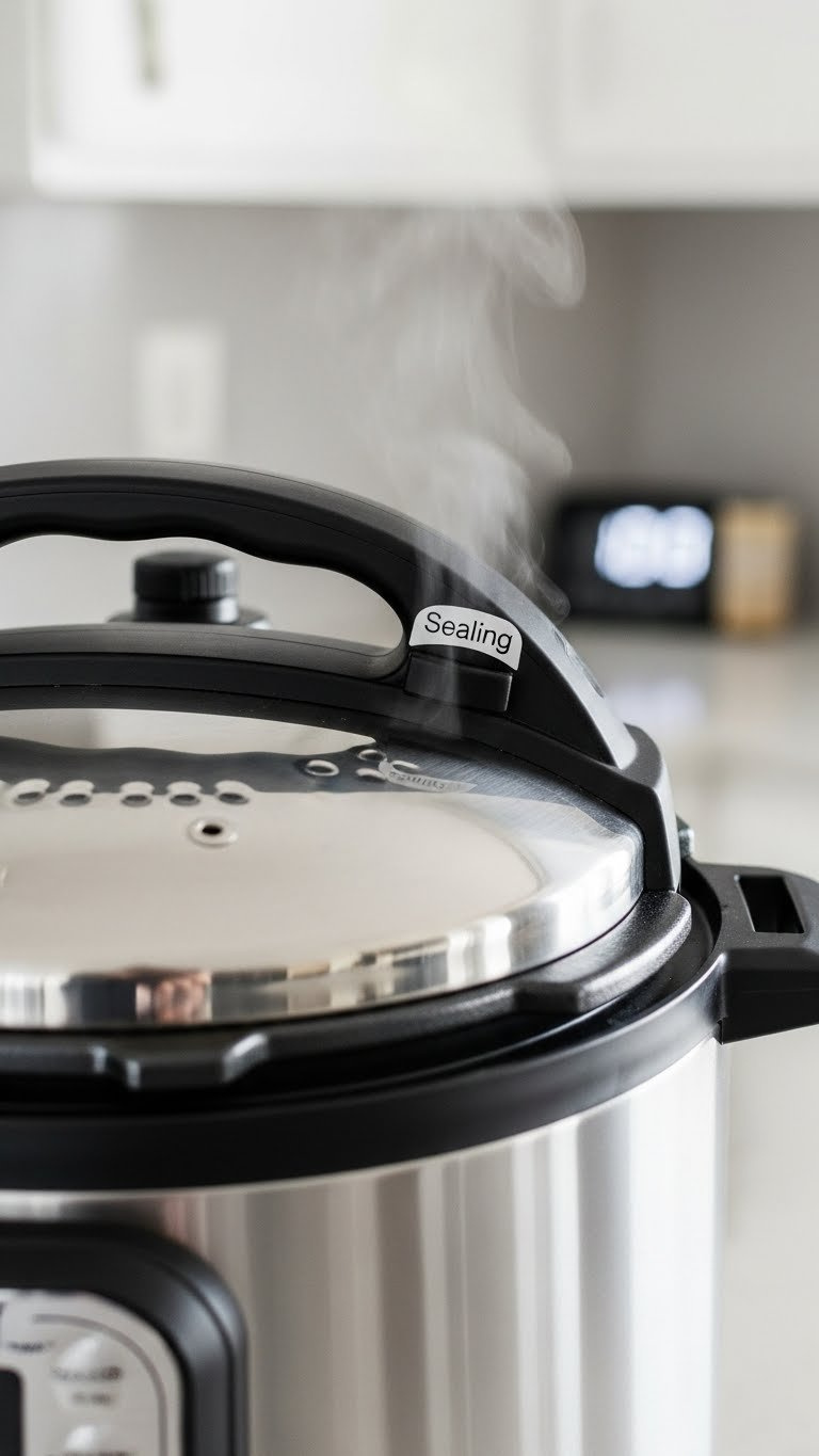 Instant Pot Lid Securely Sealed With The Steam Release Valve In 'Sealing' Position, Indicating Active Pressure Cooking.