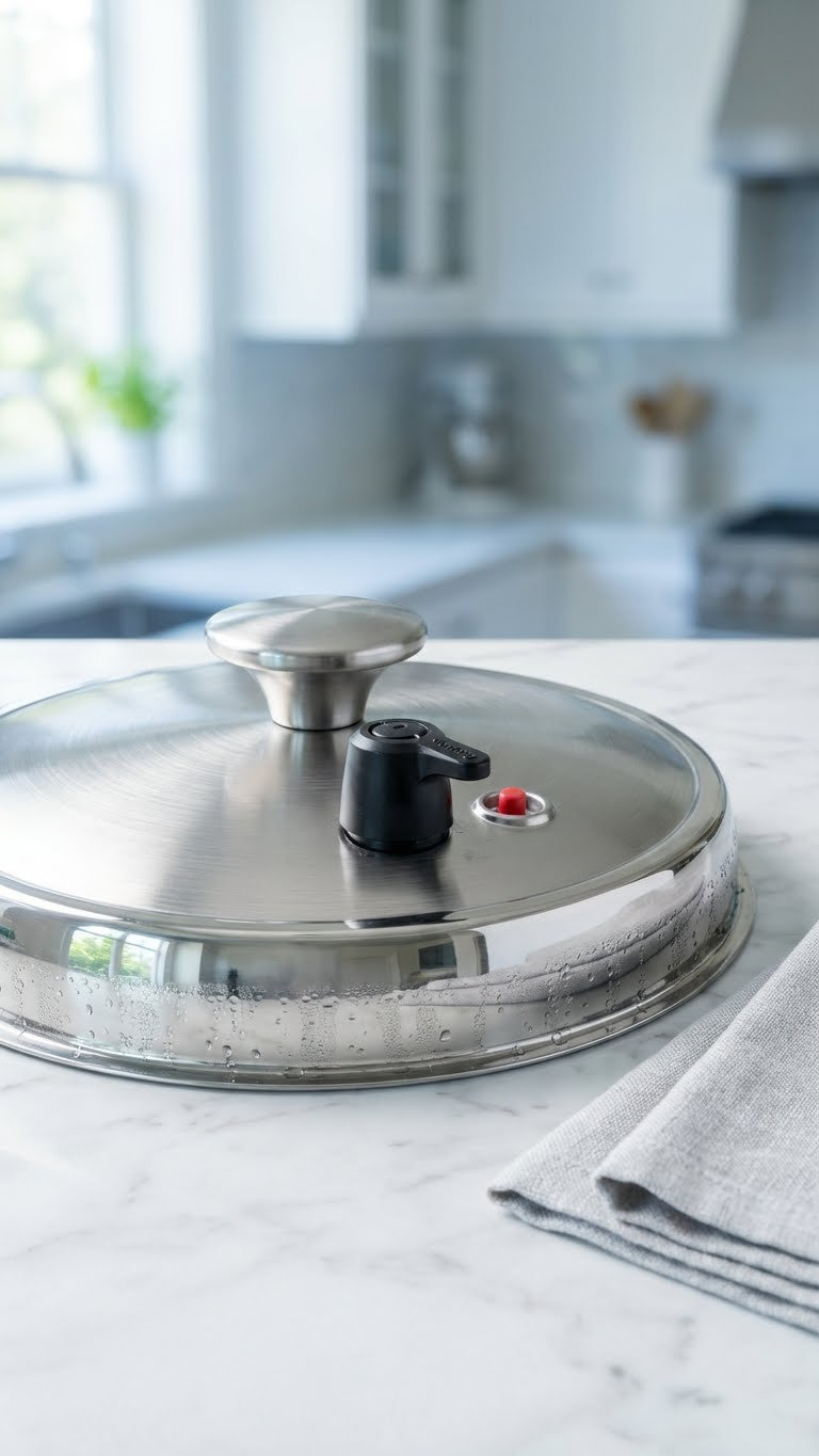 Instant Pot Lid With Steam Release Valve In &Quot;Venting&Quot; Position, Float Valve Dropped, Signifying Completed Natural Pressure Release.