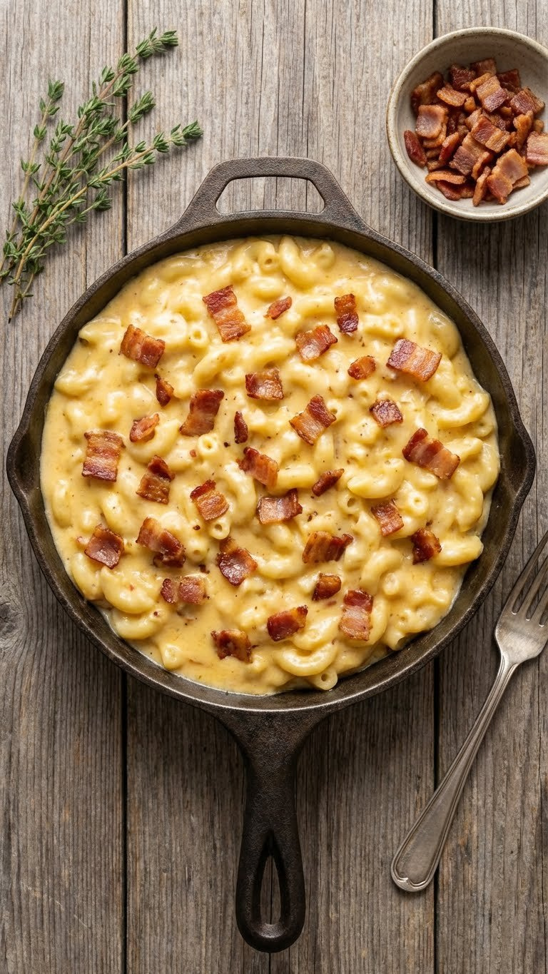 Instant Pot Mac And Cheese With Crispy Bacon Bits, Served In A Rustic Cast-Iron Skillet On A Weathered Wooden Table.