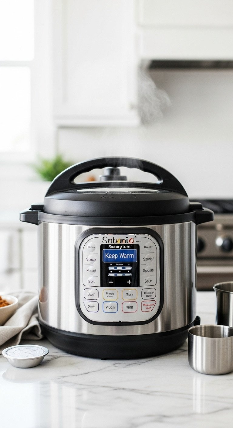 Instant Pot On 'Keep Warm' Setting With Lid Closed, Steam Escaping, On A Marble Countertop, Showcasing Modern Convenience.