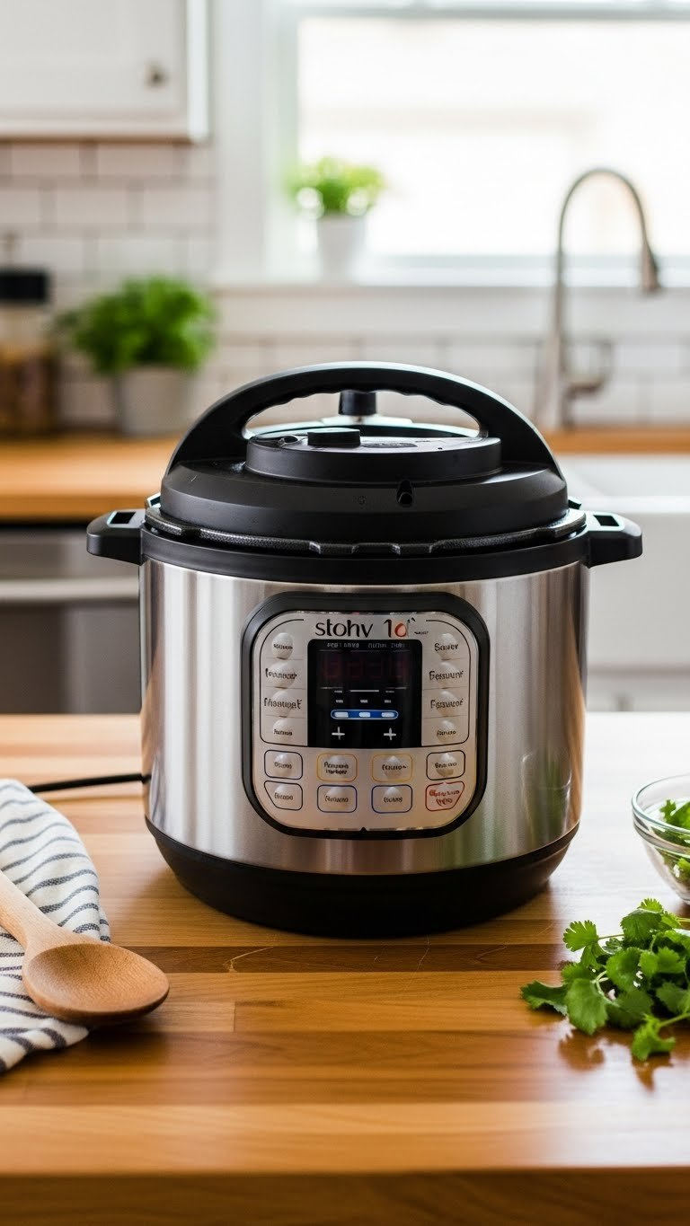 Instant Pot On Countertop With Floating Valve Down Indicating Completed Natural Pressure Release After Cooking
