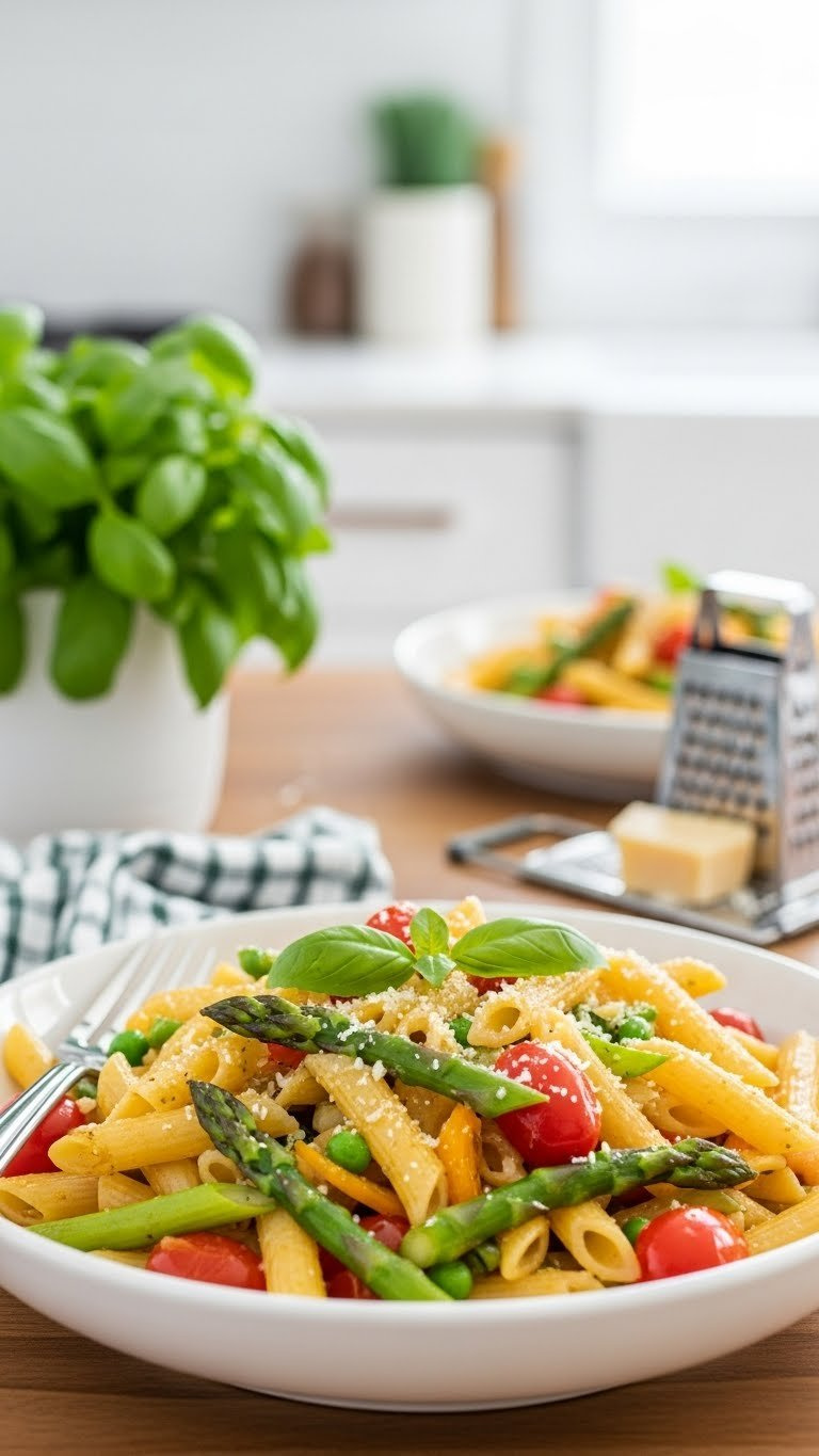 Instant Pot Pasta Primavera With Spring Vegetables And Parmesan, In A White Pasta Bowl.