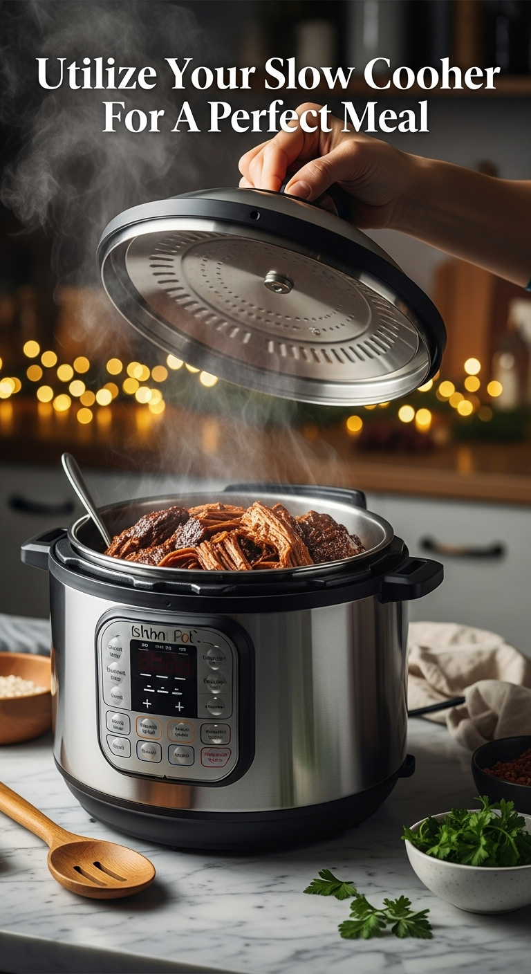 Instant Pot Revealing Tender Shredded Beef Brisket In Rich Sauce On A Marble Countertop With Festive Kitchen Decor