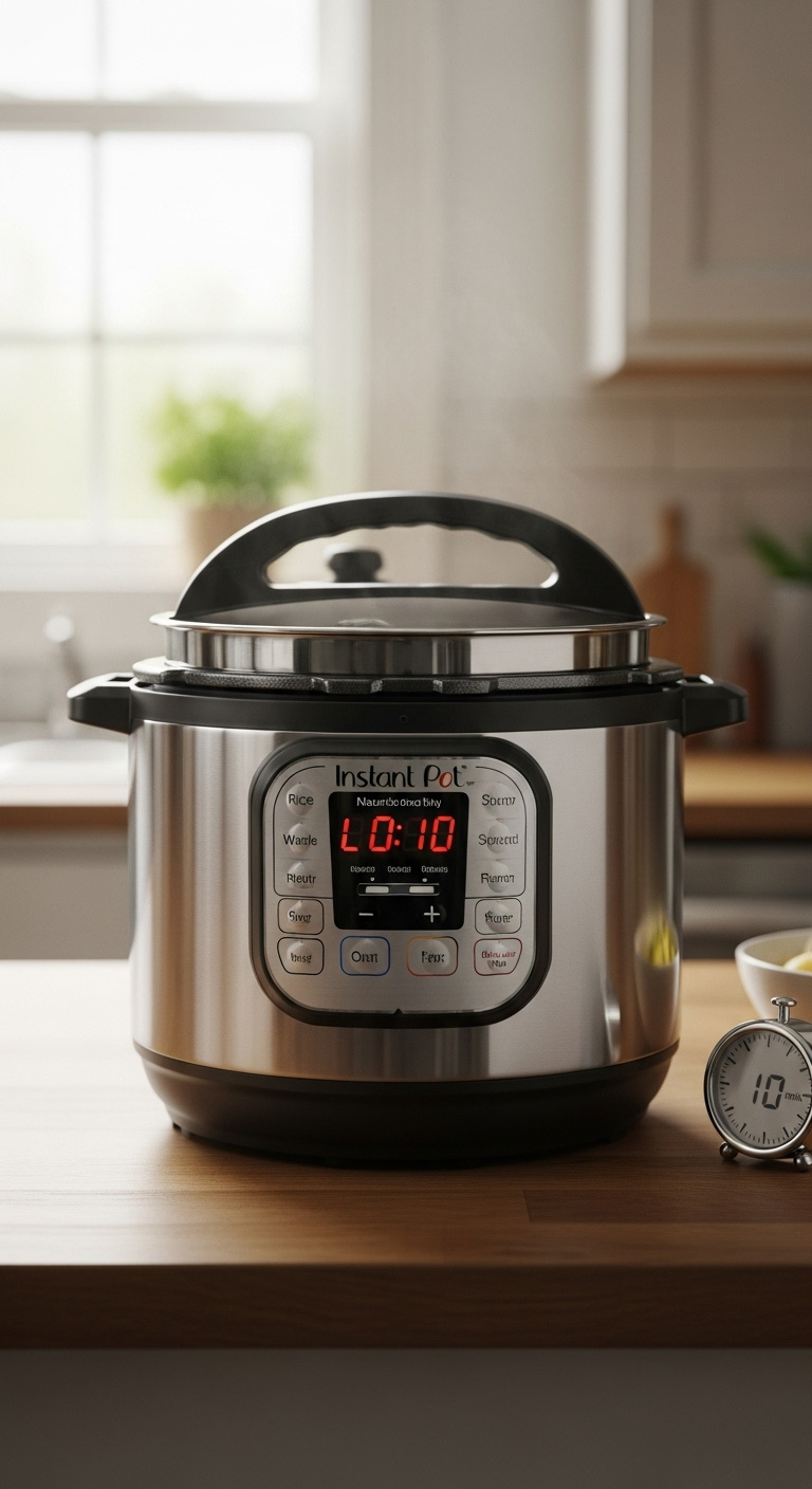 Instant Pot Showing L0:10 On Display On A Wooden Countertop With A Kitchen Timer In A Blurred Kitchen
