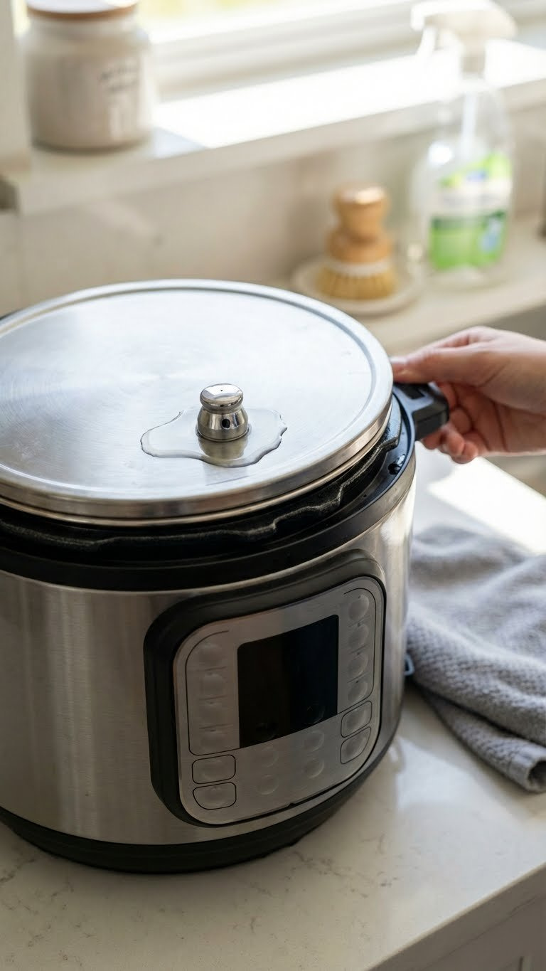 Instant Pot Troubleshooting Scene With A Deflated Lid, Liquid Near Valve, And A Burn Notice On A Kitchen Counter.
