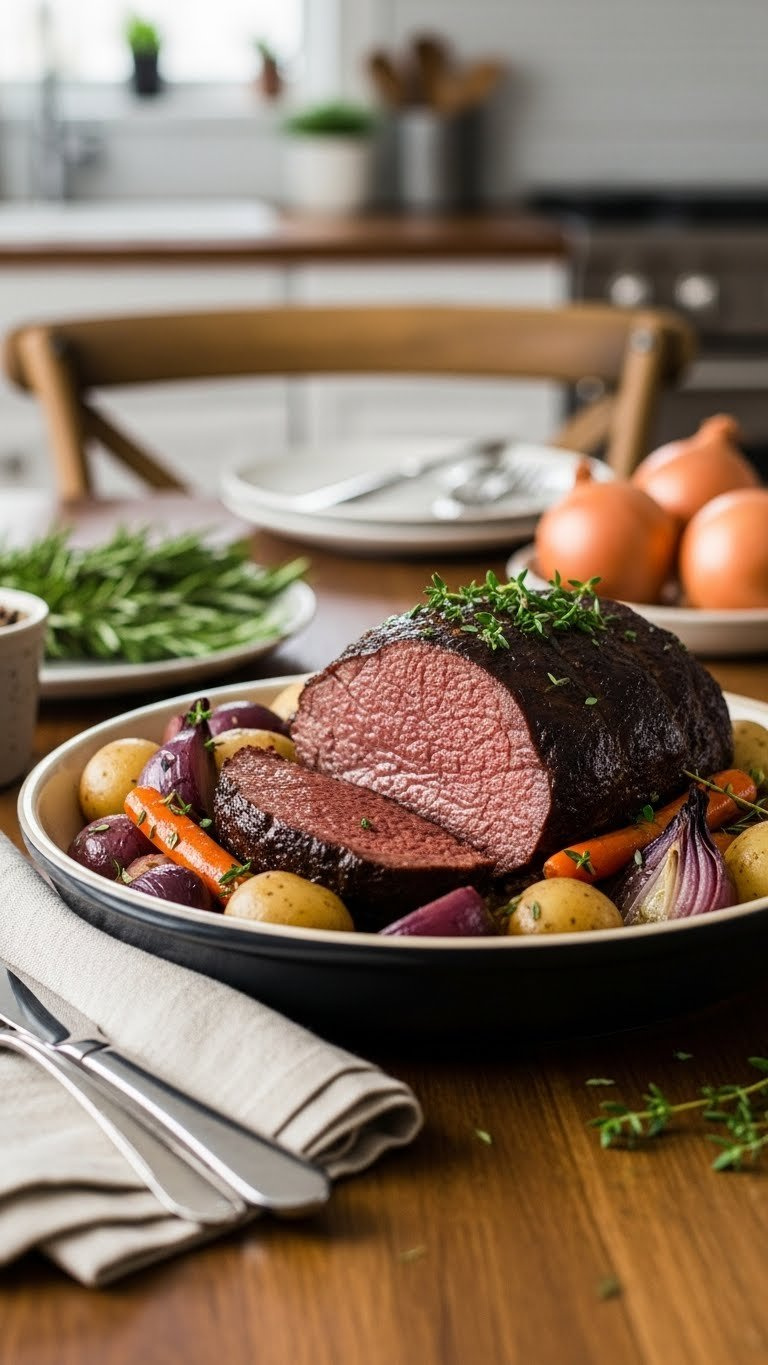 Instant Pot Venison Pot Roast With Tender Meat, Root Vegetables, And Rich Gravy, Garnished With Rosemary On A Rustic Table.