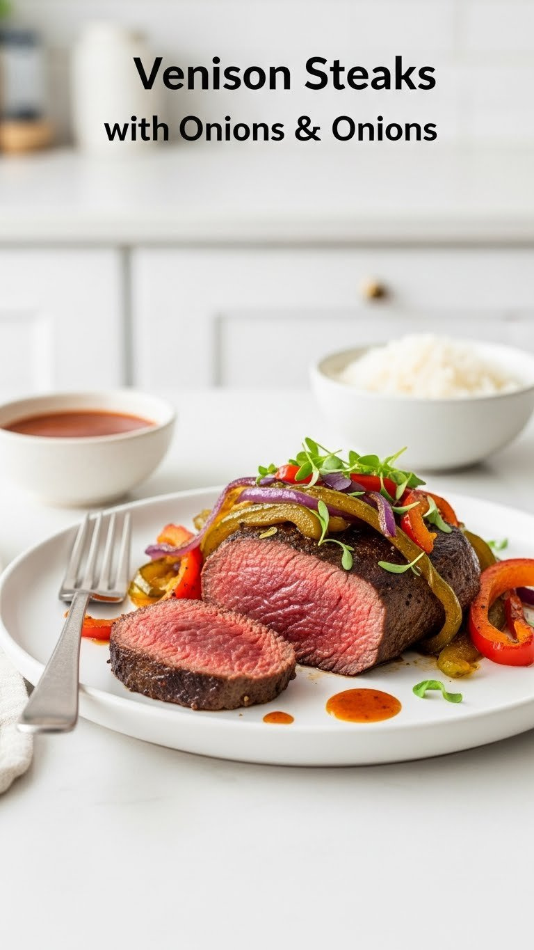 Instant Pot Venison Steaks, Medium-Rare, With Caramelized Onions, Bell Peppers, And Fresh Herbs.