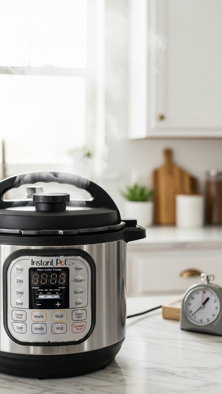 Instant Pot With A Sealed Lid And Pressure Valve Releasing A Gentle Plume Of Steam, Showcasing The Cooking Process.