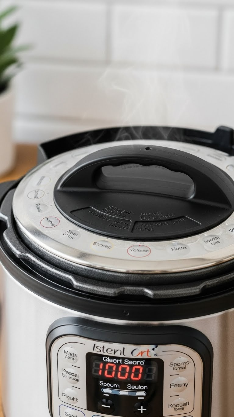 Instant Pot With Lid Securely Locked And Steam Vent Sealed, Ready For Pressure Cooking Delicious Meals In A Modern Kitchen.