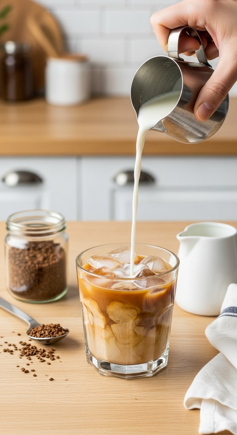 Instant Iced Coffee With Milk Swirl And Ice Cubes Surrounded By Coffee Granules On A Light Wooden Table.
