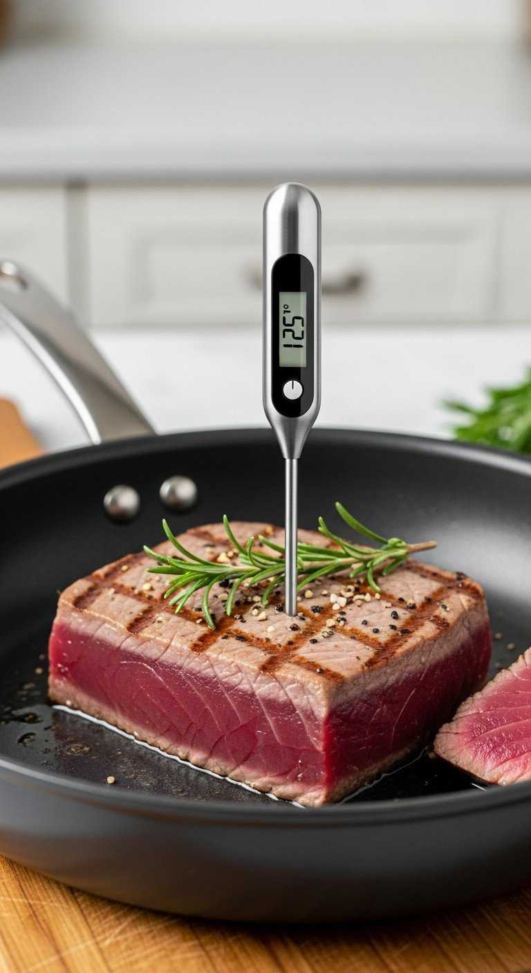 Instant-Read Thermometer In A Seared Tuna Steak Showing 125°F, Highlighting A Perfect Medium-Rare Cook For Safety.
