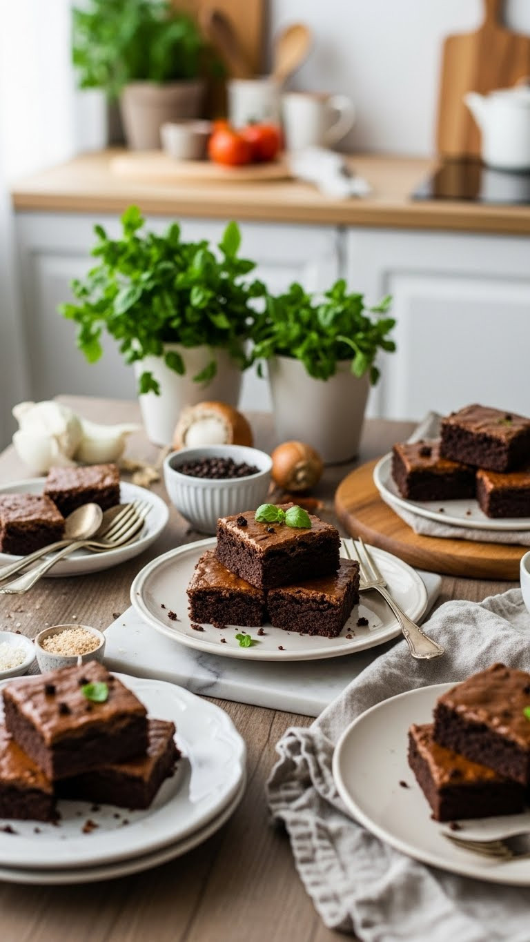 Intense Espresso Fudgy Brownies On Rustic Wooden Table