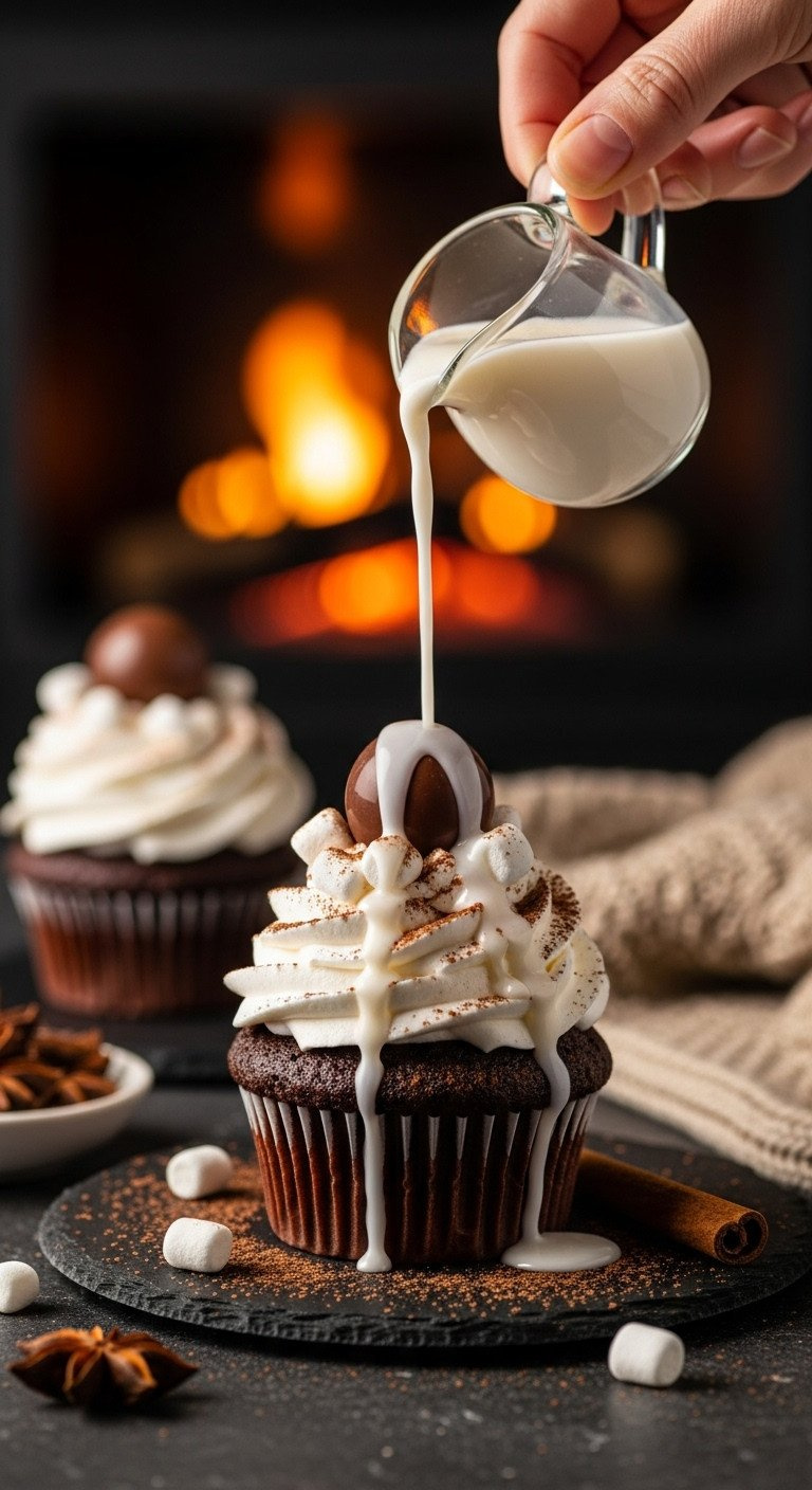 Interactive Chocolate Cupcake With A Melting Hot Chocolate Bomb Sphere Revealing Marshmallows, On A Dark Slate Plate.